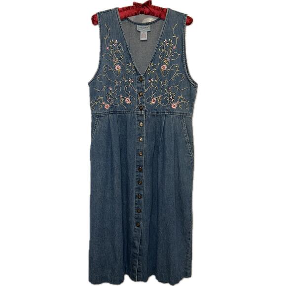 Jane Ashley Denim Jumper Embroidered w/ beading button up V-neck vintage sz PM - Picture 1 of 9